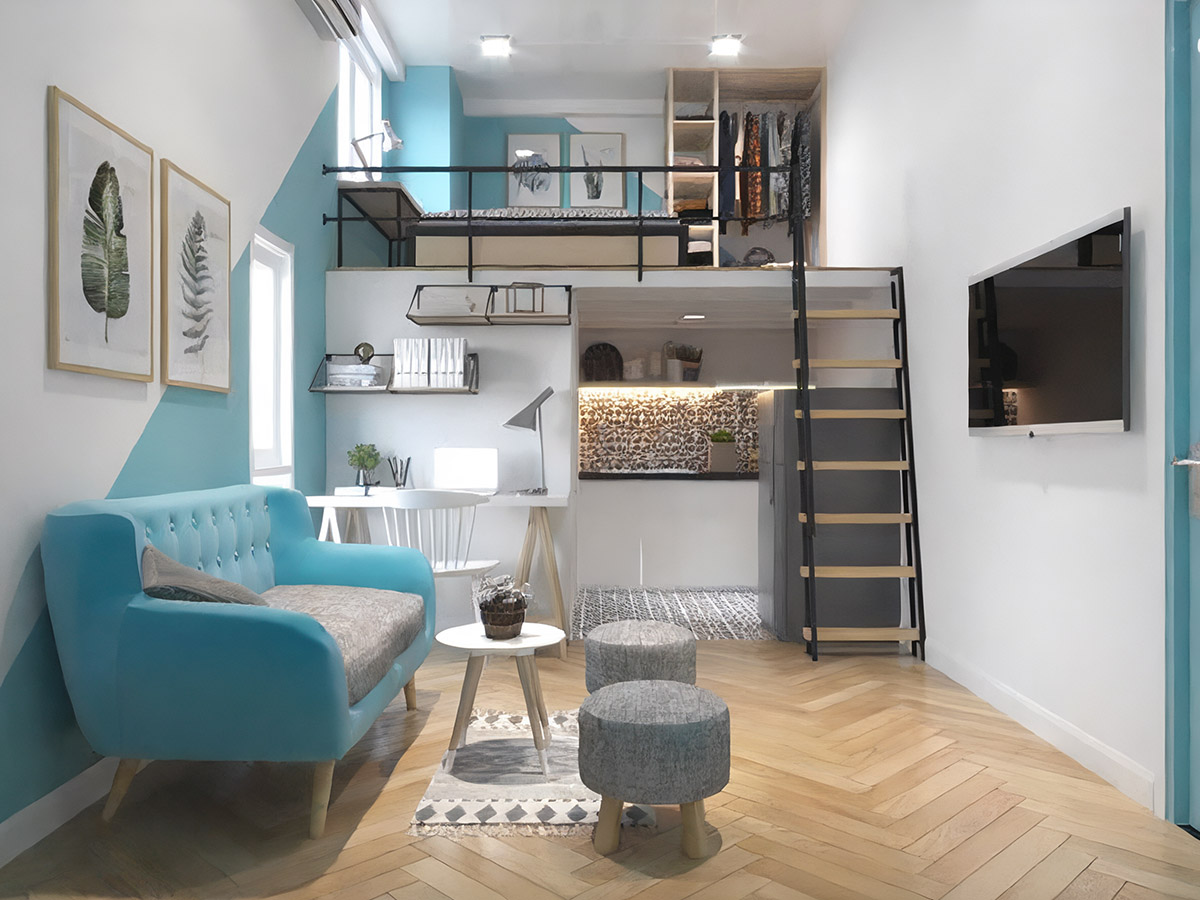 Mẫu nhà 30m2 xây 2 tầng lửng tone màu xanh trắng mát mắt