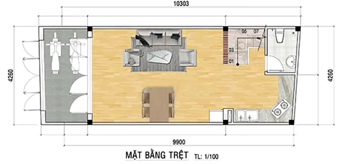 Thiết kế nhà 4x10: Giải pháp tối ưu diện tích 40m2 & Dự toán chi phí 2026 28 Mặt bằng bản vẽ công năng tầng trệt của ngôi nhà 4x10m2