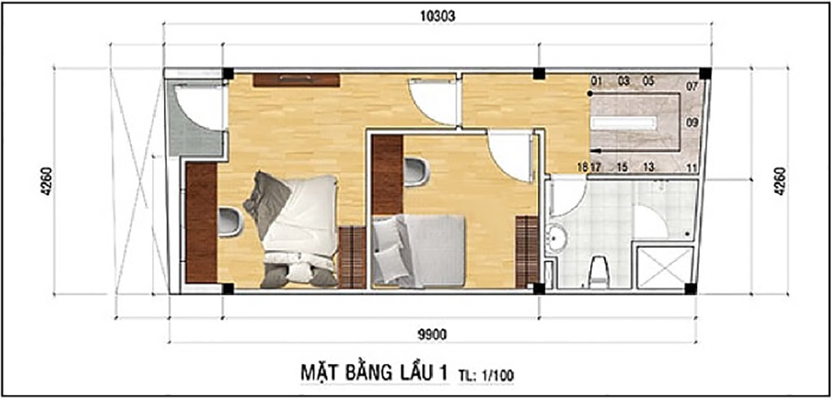 Thiết kế nhà 4x10: Giải pháp tối ưu diện tích 40m2 & Dự toán chi phí 2026 29 Mặt bằng bản vẽ công năng lầu 1 của ngôi nhà có diện tích nhỏ 4x10m2