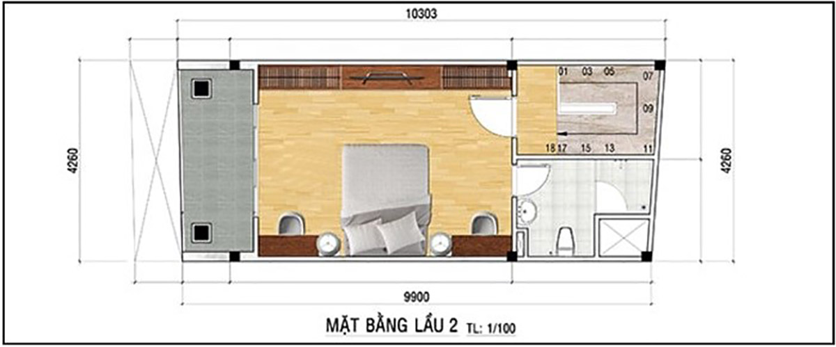 Thiết kế nhà 4x10: Giải pháp tối ưu diện tích 40m2 & Dự toán chi phí 2026 30 Mặt bằng bản vẽ công năng tầng 2 của ngôi nhà trên diện tích nhỏ 4x10m mái thái