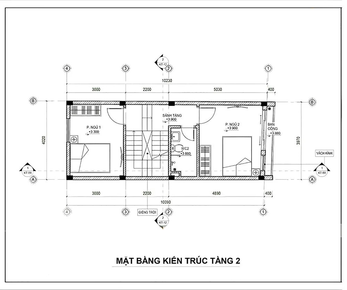 Thiết kế nhà 4x10: Giải pháp tối ưu diện tích 40m2 & Dự toán chi phí 2026 44 Mặt bằng kiến trúc tầng 2 của ngôi nhà 4x10m với 2 phòng ngủ, 1 WC và 1 ban công