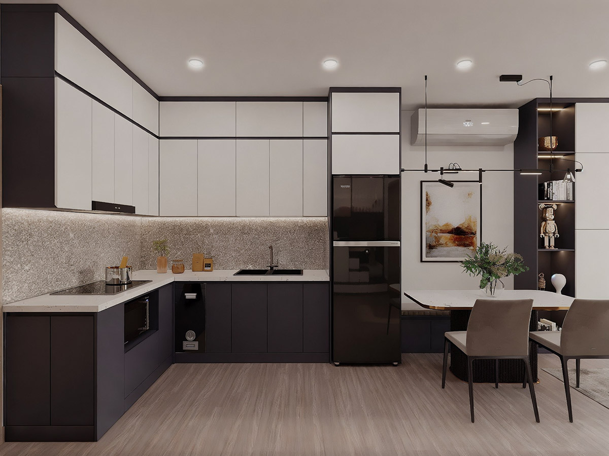 Thiết kế nhà 4x10: Giải pháp tối ưu diện tích 40m2 & Dự toán chi phí 2026 51 Bộ bếp được trang bị đầy đủ tiện nghi và được thiết kế tinh tế với các tủ đựng bát đĩa, tủ lạnh, lò vi sóng, lò nướng, bếp từ, tạo ra một không gian nấu ăn hiện đại và đẳng cấp
