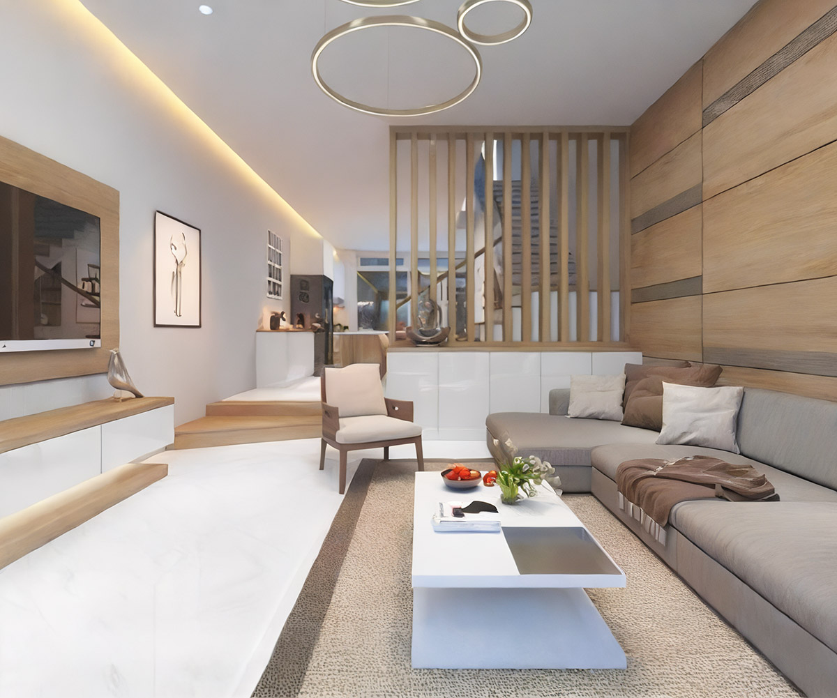 20+ Mẫu Thiết Kế Nhà 5x12m Đẹp Sang Trọng - Kèm Bảng Vẽ Công Năng 22 Phòng khách nhà 5x12m 2 tầng