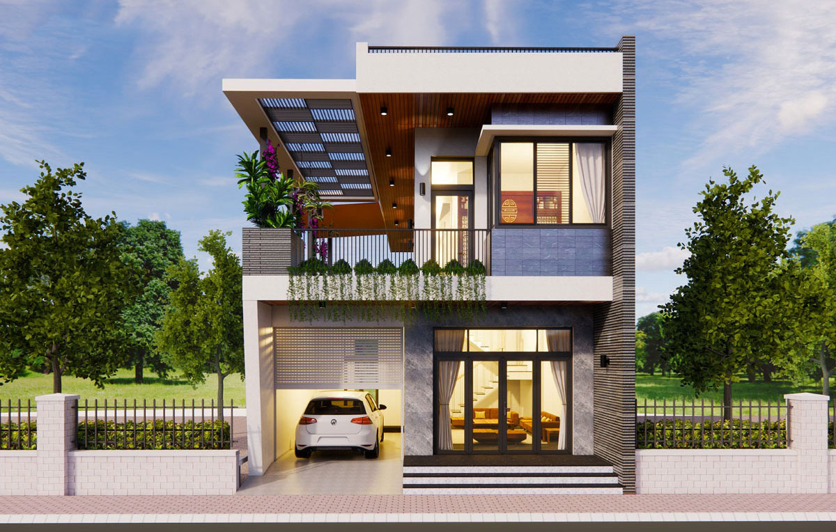 Nhà 2 tầng 8x12m có gara ô tô theo phong cách hiện đại Nhà 2 tầng 8x12m có gara ô tô theo phong cách hiện đại