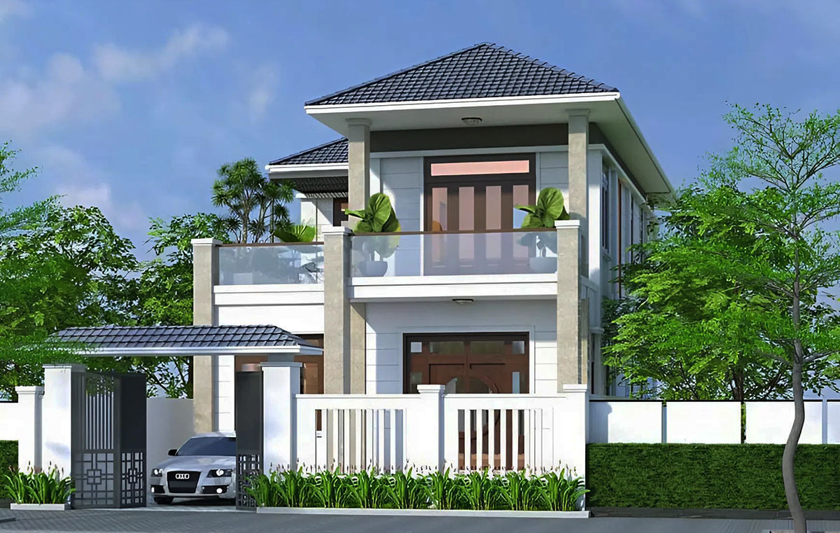 Phối cảnh mặt tiền nhà 8x12m 2 tầng với ban công có lan can bằng kính Phối cảnh mặt tiền nhà 8x12m 2 tầng với ban công có lan can bằng kính