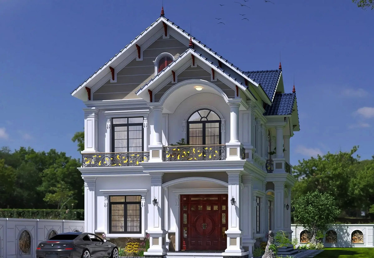 Nhà 2 tầng 8x12m mái thái với phong cách tân cổ điển Nhà 2 tầng 8x12m mái thái với phong cách tân cổ điển