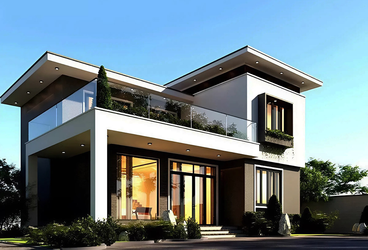 Mẫu thiết kế nhà 2 tầng mái bằng 8x12m hình chữ L hiện đại Mẫu thiết kế nhà 2 tầng mái bằng 8x12m hình chữ L hiện đại