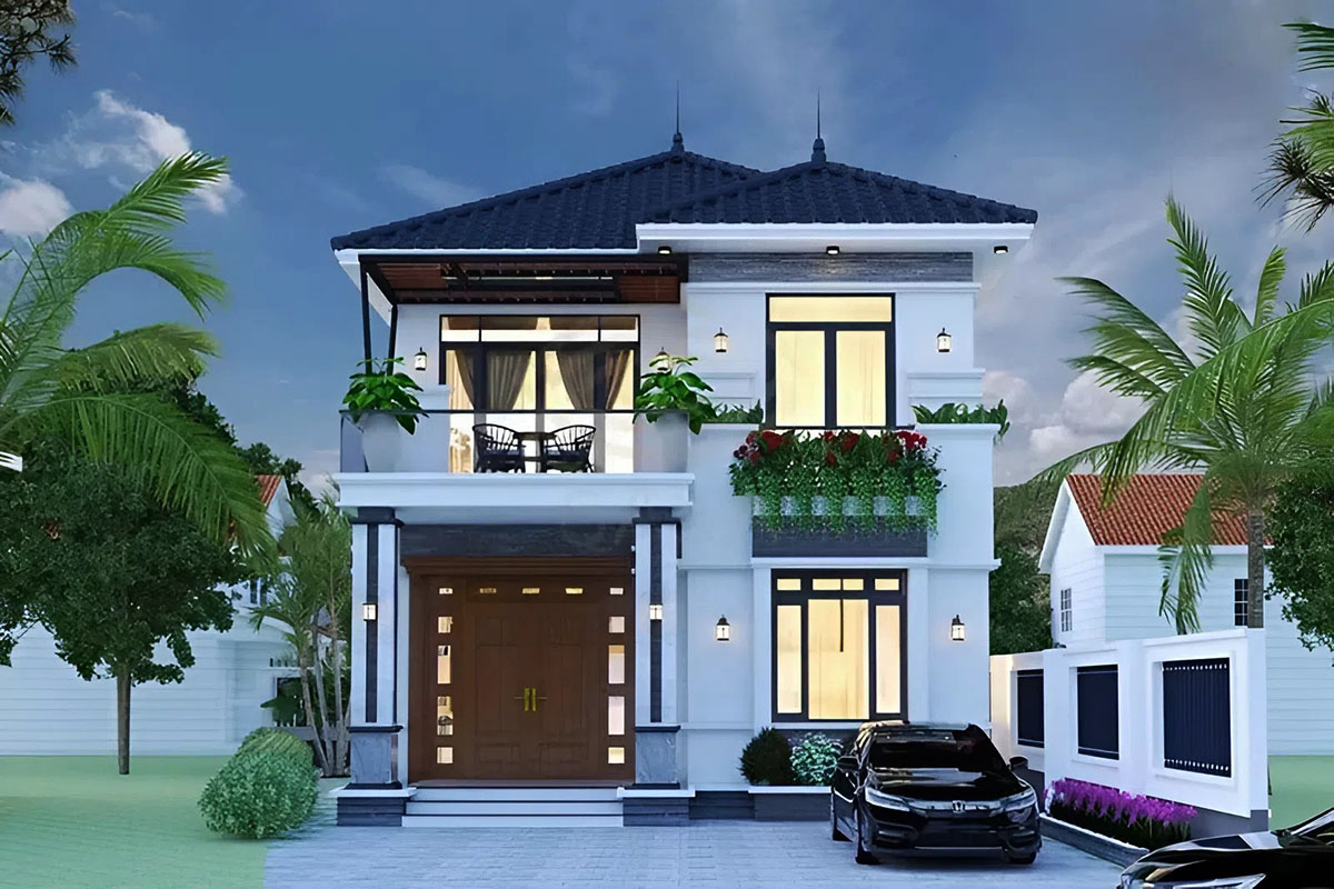 Phối cảnh mặt tiền của thiết kế nhà 8x12m 2 tầng ở nông thôn Phối cảnh mặt tiền của thiết kế nhà 8x12m 2 tầng ở nông thôn