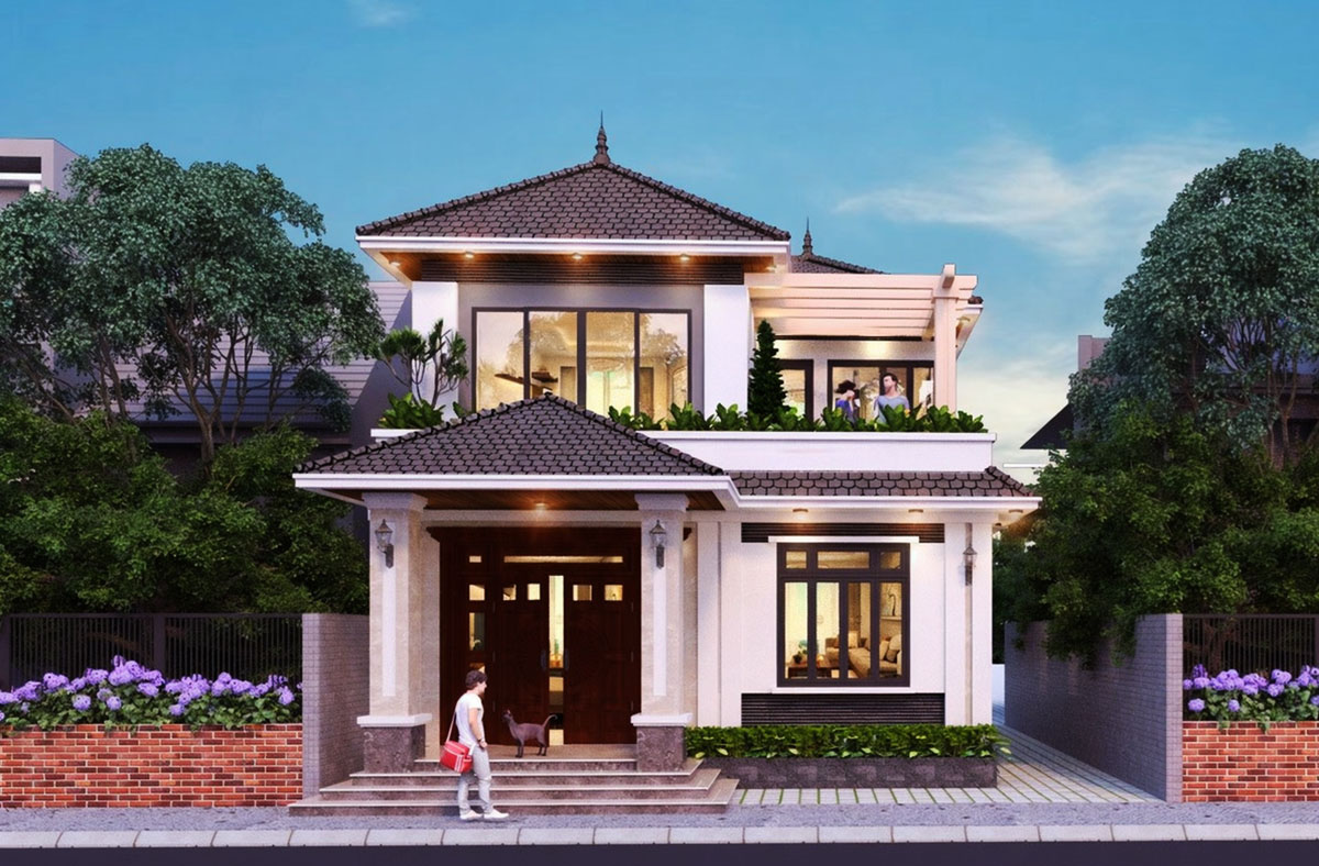 Phối cảnh mặt tiền của ngôi nhà mái Nhật với thiết kế hiện đại Phối cảnh mặt tiền của ngôi nhà mái Nhật với thiết kế hiện đại