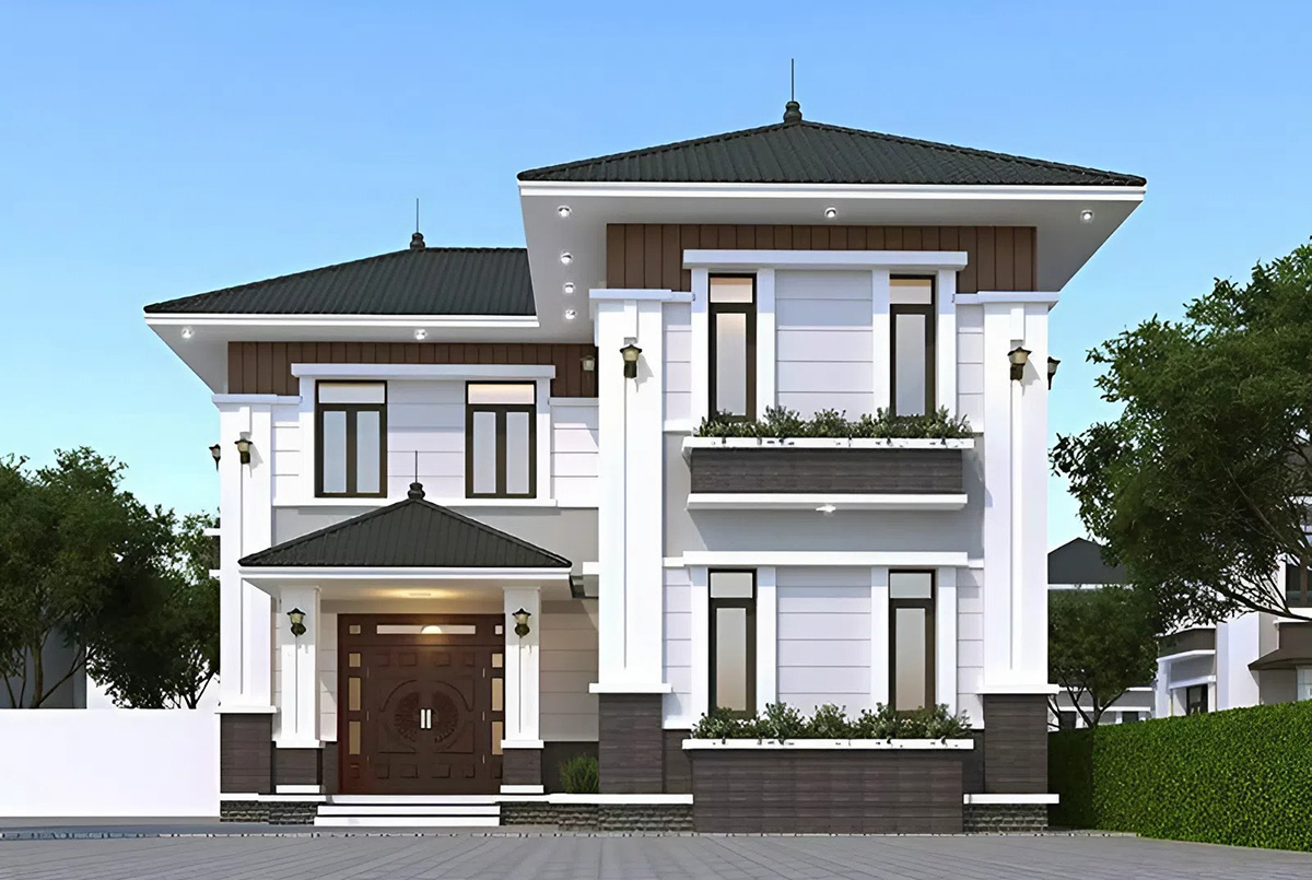 Phối cảnh mặt tiền của ngôi nhà có sân vườn rộng lớn Phối cảnh mặt tiền của ngôi nhà có sân vườn rộng lớn