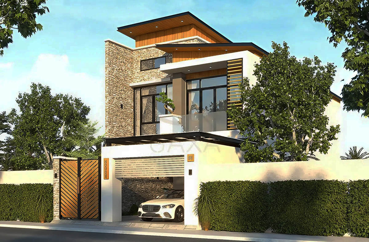 Mẫu thiết kế nhà 8x12m 2 tầng có tầng bán hầm với mái bằng kiểu hiện đại Mẫu thiết kế nhà 8x12m 2 tầng có tầng bán hầm với mái bằng kiểu hiện đại