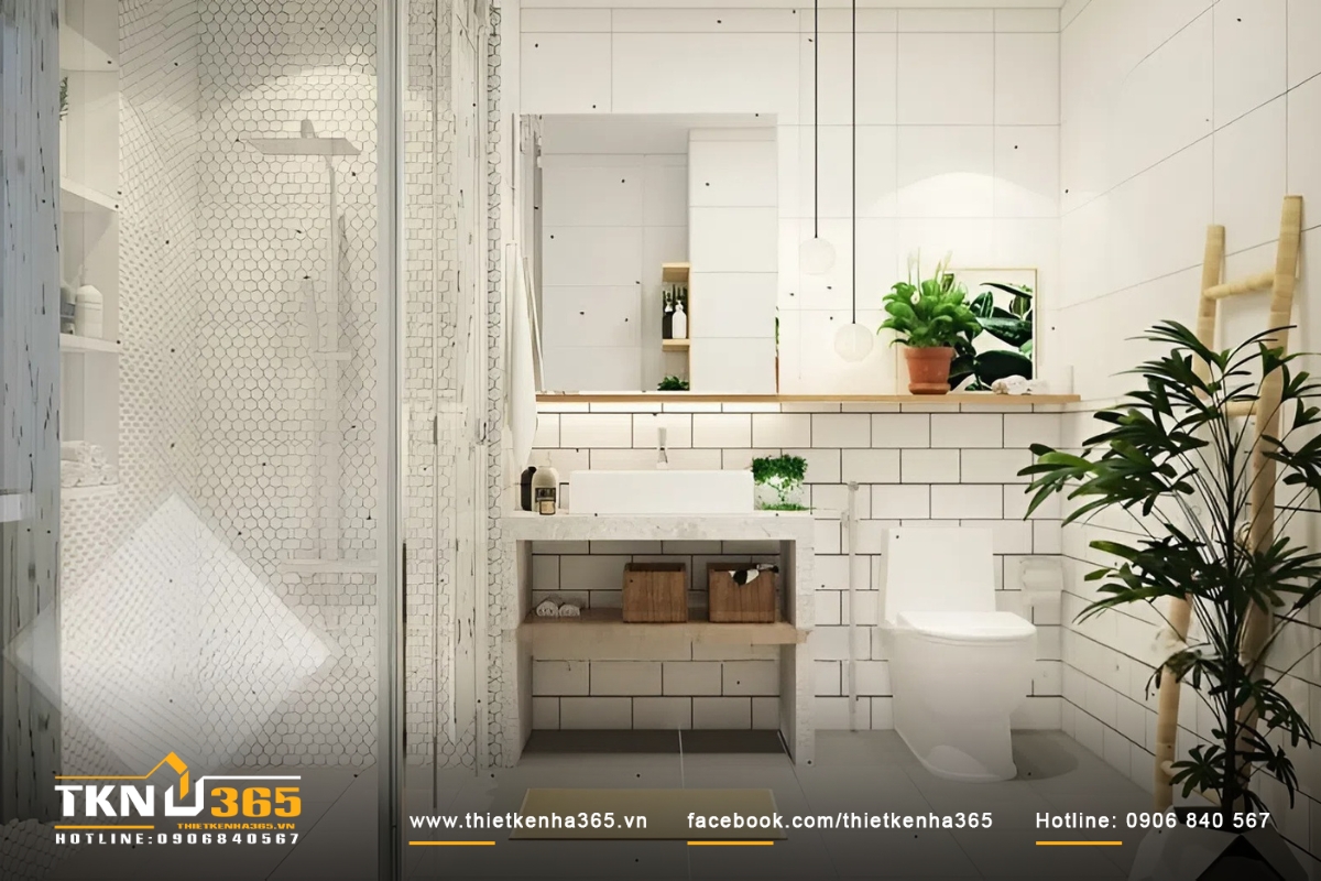 10+ Mẫu thiết kế nhà diện tích nhỏ 4x6m đẹp nhất hiện nay 5 Phòng vệ sinh sáng màu có kính cường lực ngăn cách phòng tắm