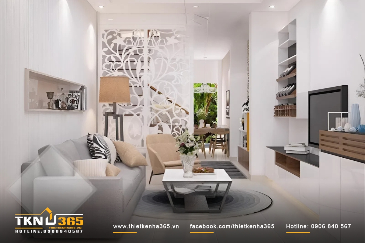 10+ Mẫu thiết kế nhà diện tích nhỏ 4x6m đẹp nhất hiện nay 3 Phòng khách được bài trí đơn giản với hai gam màu trắng xám