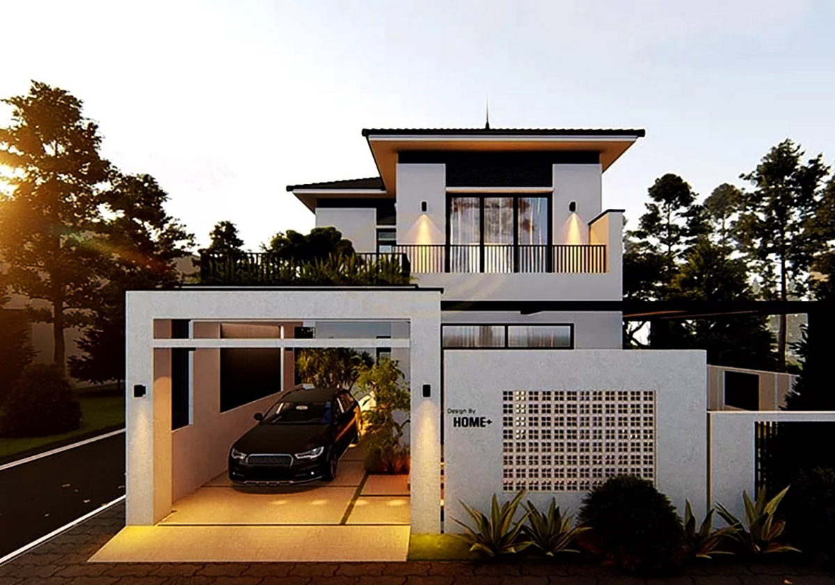 Thiết kế nhà lợp mái tôn đẹp 2 tầng để xe sang trọng và tiện lợi