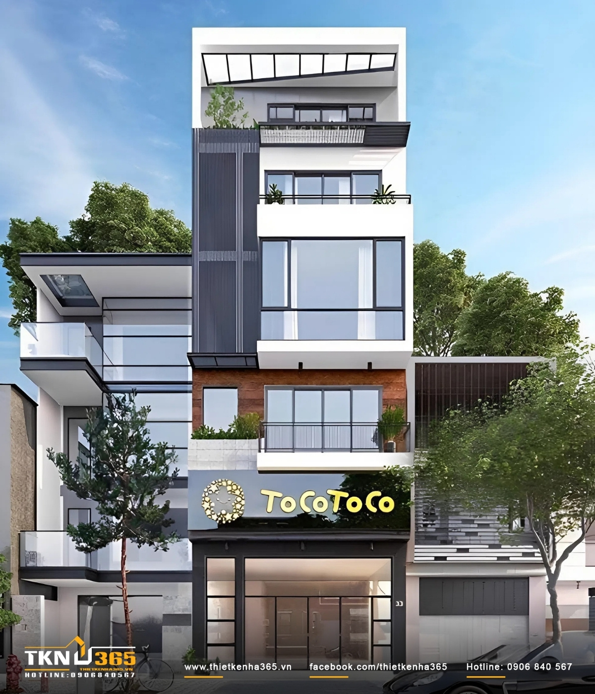 10+ Mẫu thiết kế nhà ở kết hợp kinh doanh đẹp, sang trọng 2026 4 Mẫu nhà ở kết hợp kinh doanh cửa hàng trà sữa kết cấu 4 tầng