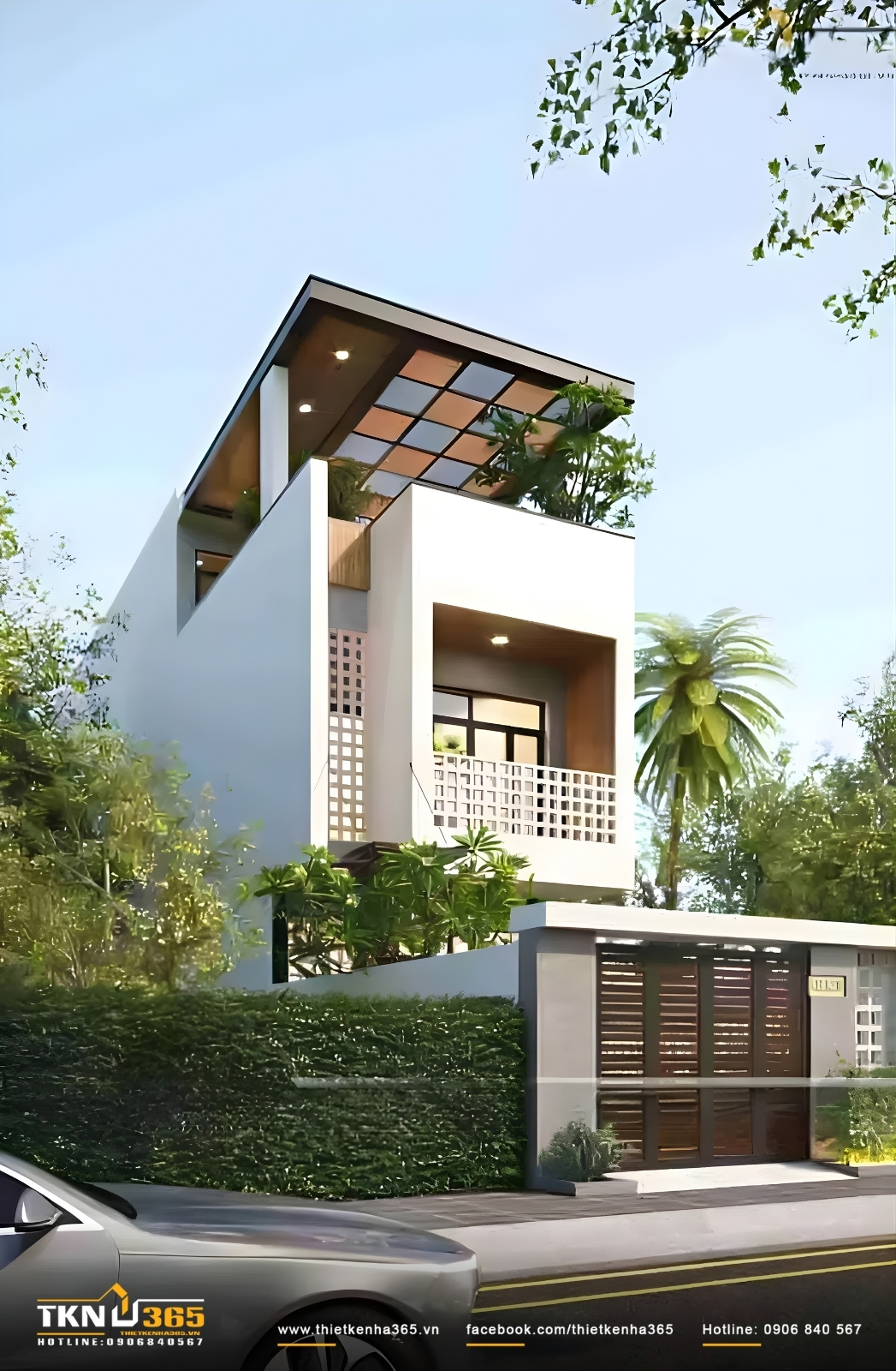 Thiết kế nhà phố 3 tầng 5x20m cho anh Phạm ở Quận 8 3 Ban công tầng trên được thiết kế lùi vào, kết hợp với hệ lam và giàn che tạo không gian mát mẻ