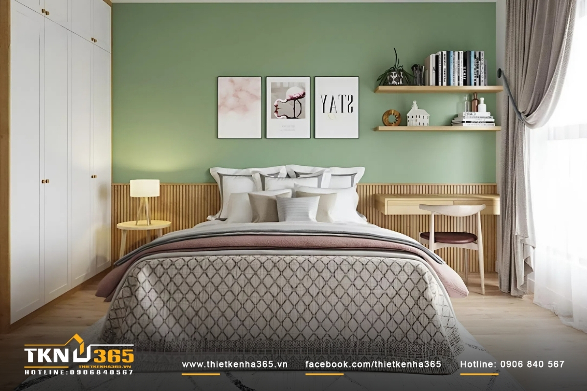 Phòng ngủ trong căn hộ chung cư 64m2 phong cách Bắc Âu