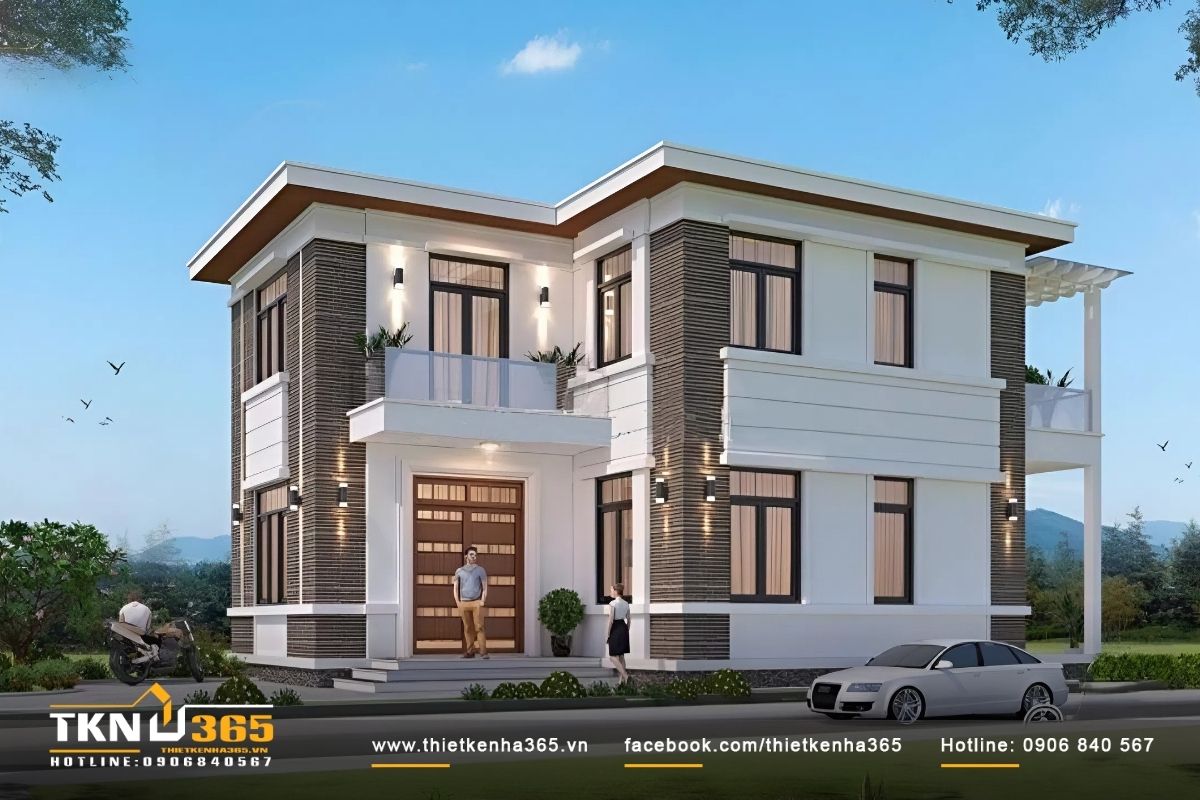 Thiết kế nhà 2 tầng chữ L đẹp ấn tượng với mái bằng