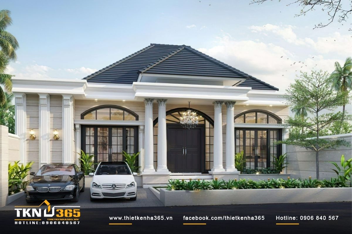 Mẫu nhà 1 tầng 4 phòng ngủ phong cách tân cổ điển