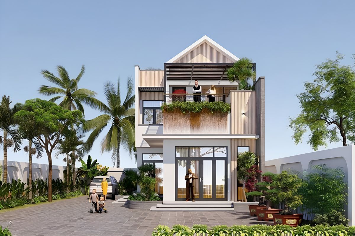 Mẫu nhà 2 tầng có gác lửng kết hợp sân vườn