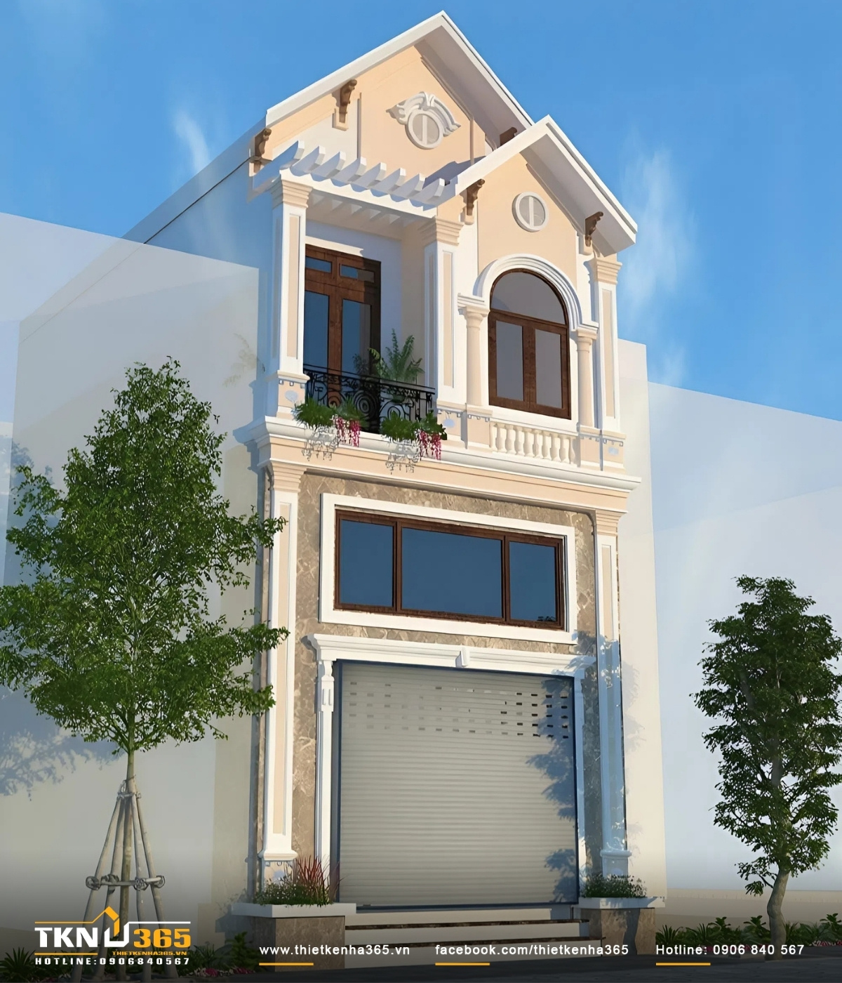 Thiết kế mặt tiền nhà ống 2 tầng có gác lửng phong cách tân cổ điển