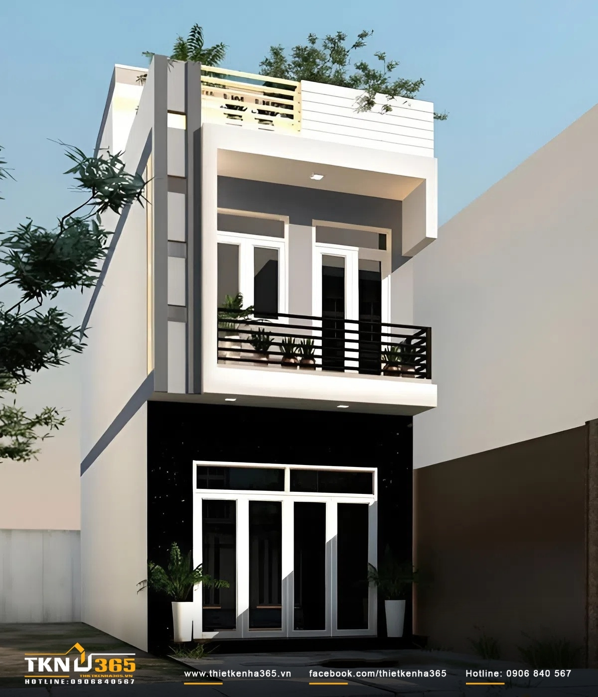 Mặt tiền nhà ống 1 trệt 1 lửng 1 lầu phối màu trắng - đen độc đáo
