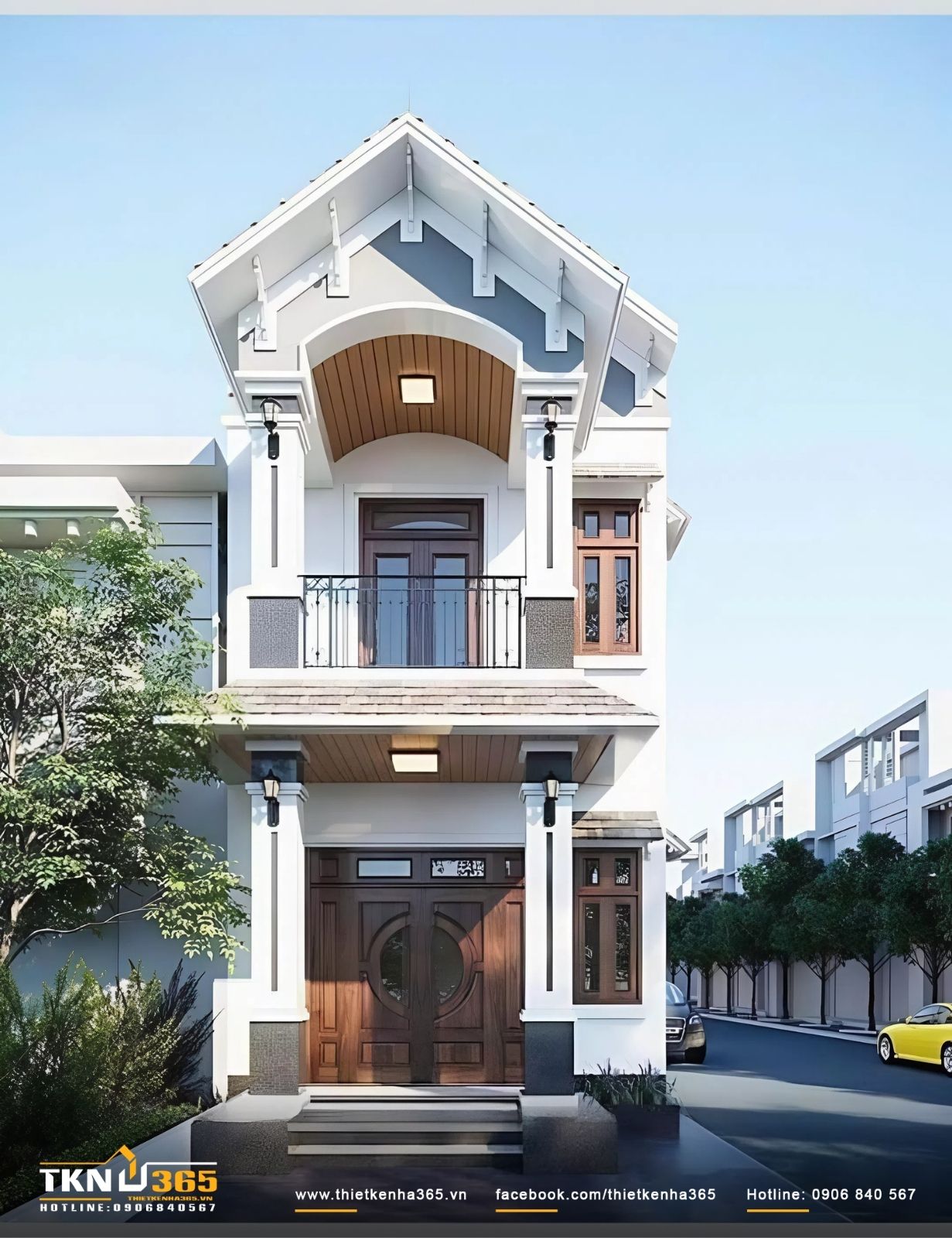 Mẫu nhà 4x10 2 tầng sử dụng các chi tiết bằng gỗ làm điểm nhấn
