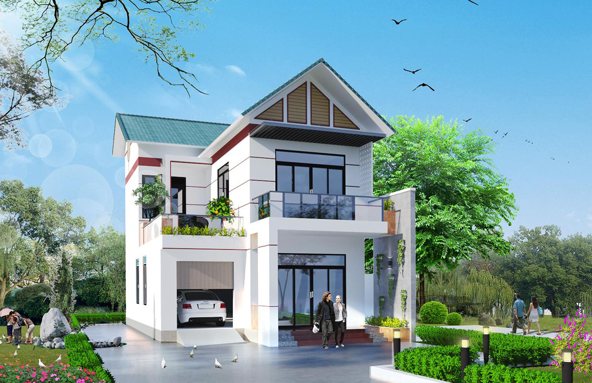 Mẫu thiết kế nhà 2 tầng có sân vườn rộng rãi