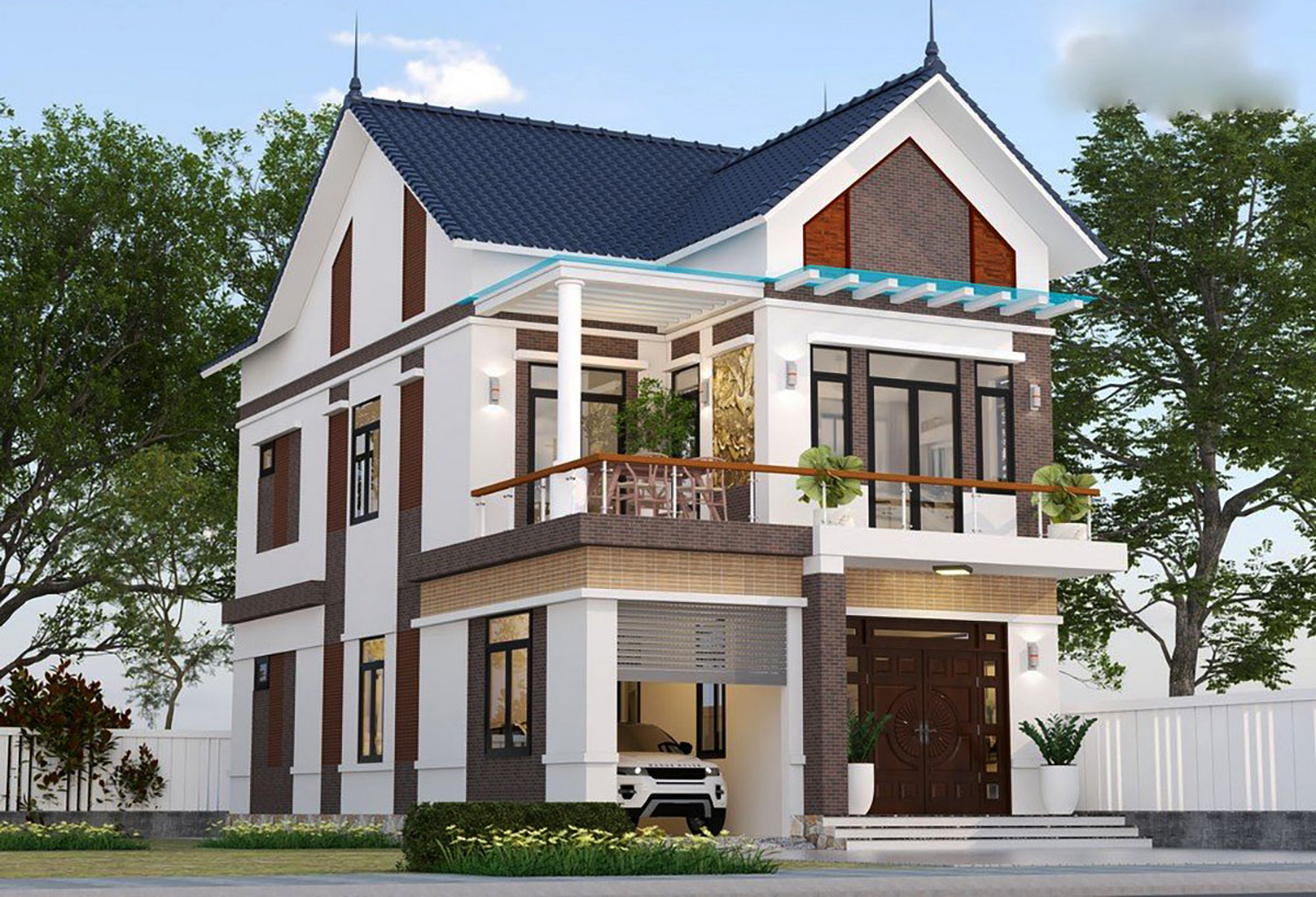 Mẫu thiết kế nhà 2 tầng mặt tiền 10m hiện đại, đẹp mắt kết hợp sân vườn