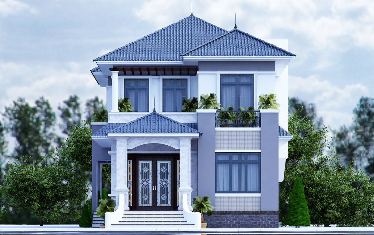 Mẫu nhà 2 tầng mặt tiền 10m với thiết kế kiểu mái thái