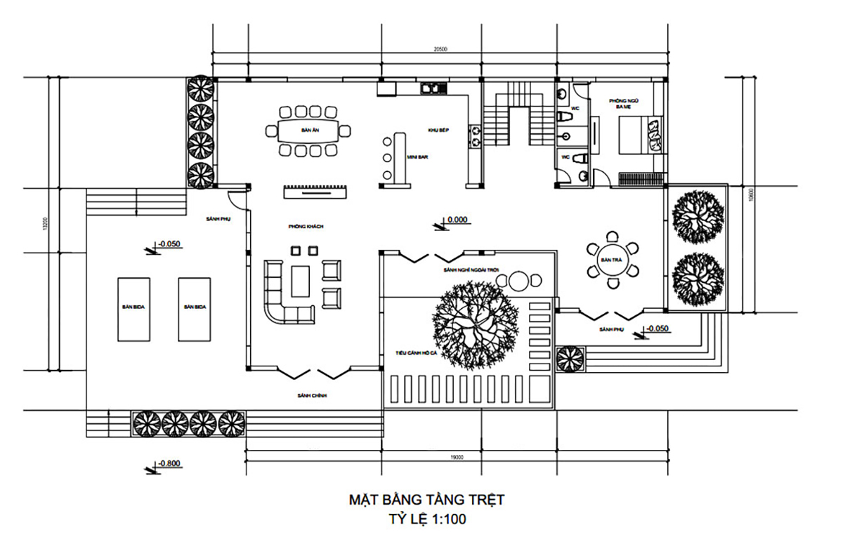 Mặt bằng công năng tầng 1 của mẫu nhà 2 tầng mặt tiền 10m