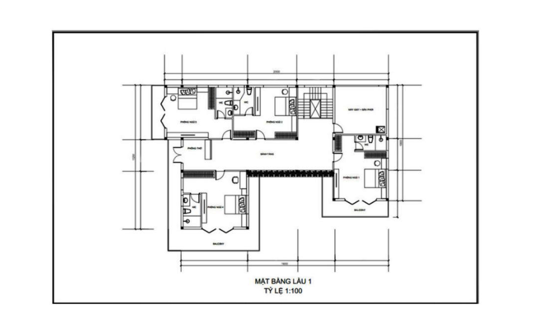 Mặt bằng công năng tầng 2 của mẫu nhà 2 tầng mặt tiền 10m
