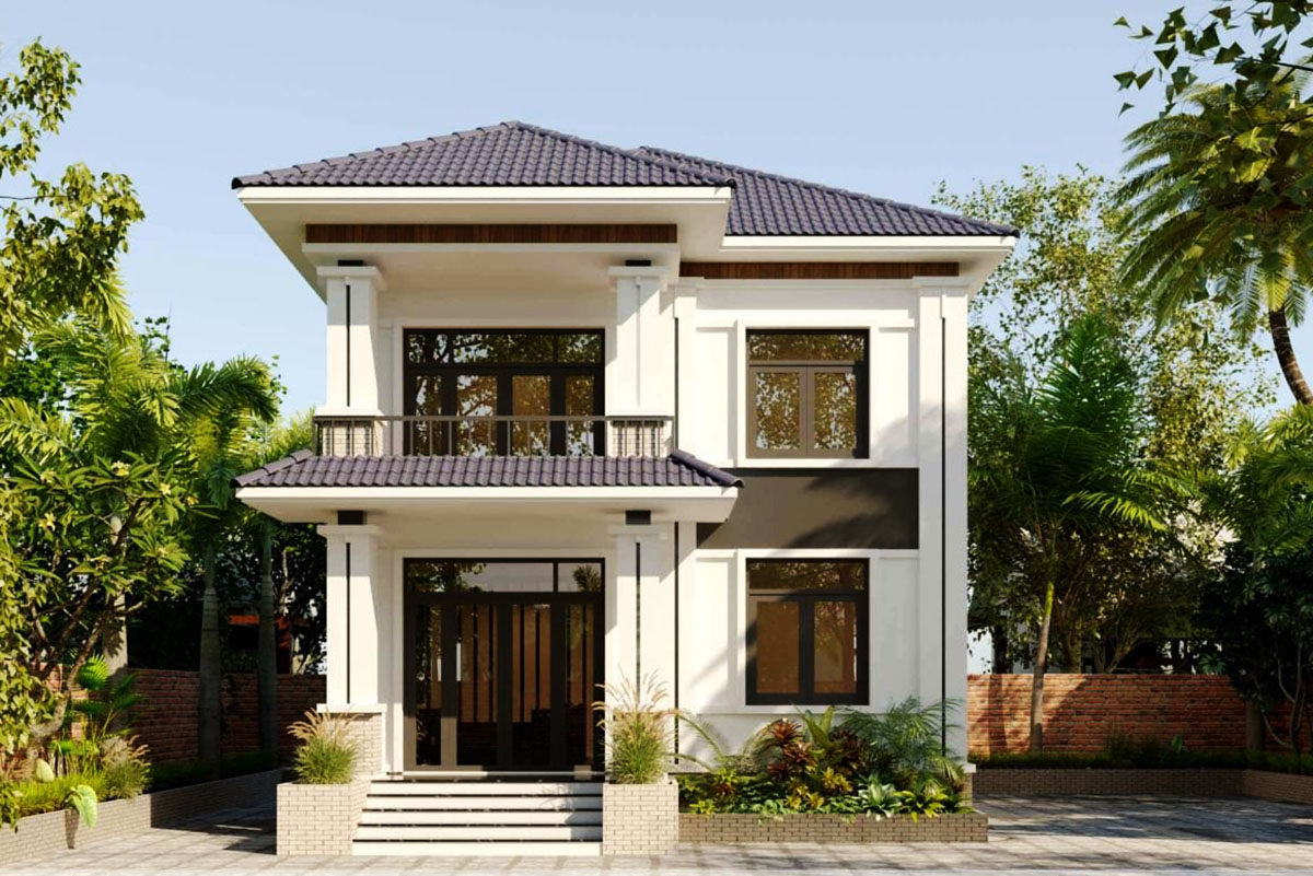Mẫu nhà 2 tầng mặt tiền 10m với mái Nhật truyền thống