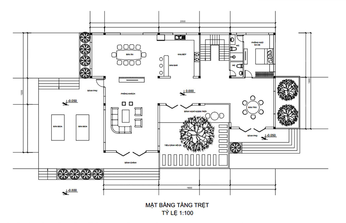 Bản vẽ nhà 2 tầng mặt tiền 10m mái Nhật - tầng 1