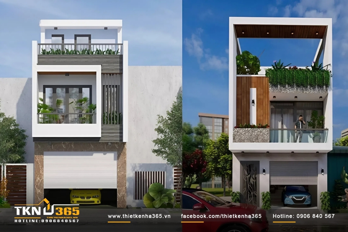 Nhà ống đẹp hiện đại mái bằng có gara để xe hơi
