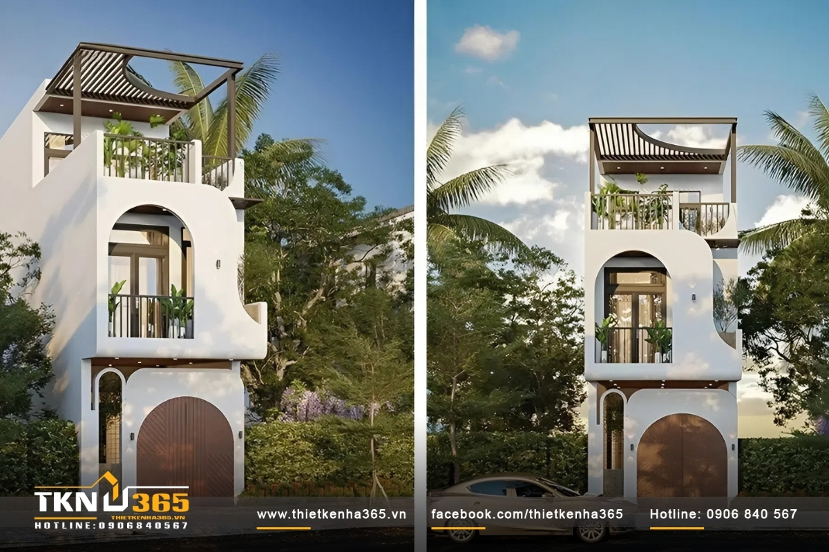 Mẫu nhà hộp đẹp hiện đại có tum nhiều cây xanh