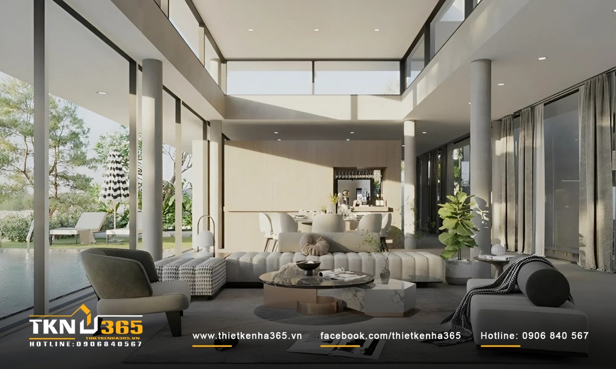 Phòng khách rộng rãi và trang nhã của biệt thự vườn kiểu Nhật
