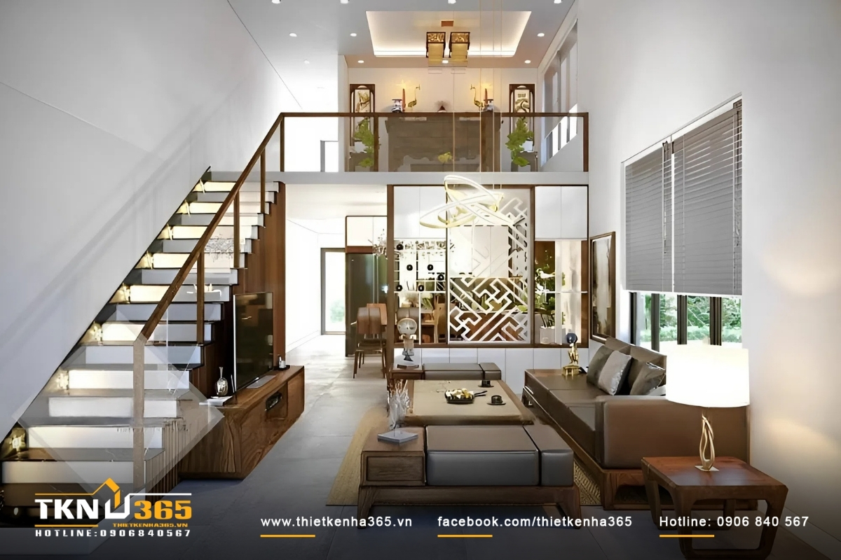 Mẫu nhà 35m2 thiết kế đẹp có tầng lửng tận dụng làm phòng thờ