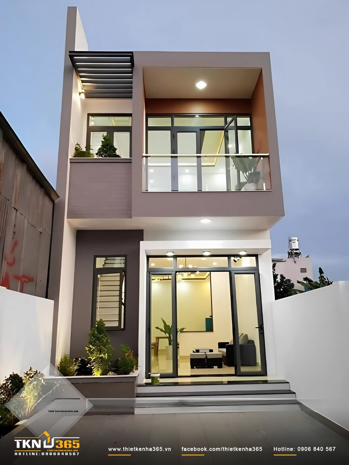 Mẫu thiết kế nhà ống 35m2 kết cấu 2 tầng mái bằng sử dụng hệ thống cửa kính
