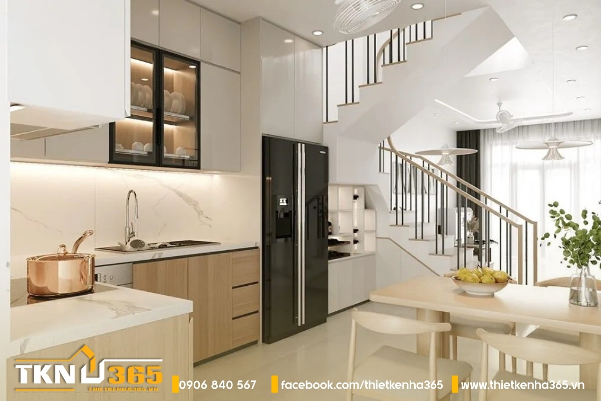 Tư vấn & gợi ý mẫu thiết kế nhà 3x20m chuẩn xu hướng 12 Khu vực bếp kết hợp phòng ăn giúp tiết kiệm diện tích