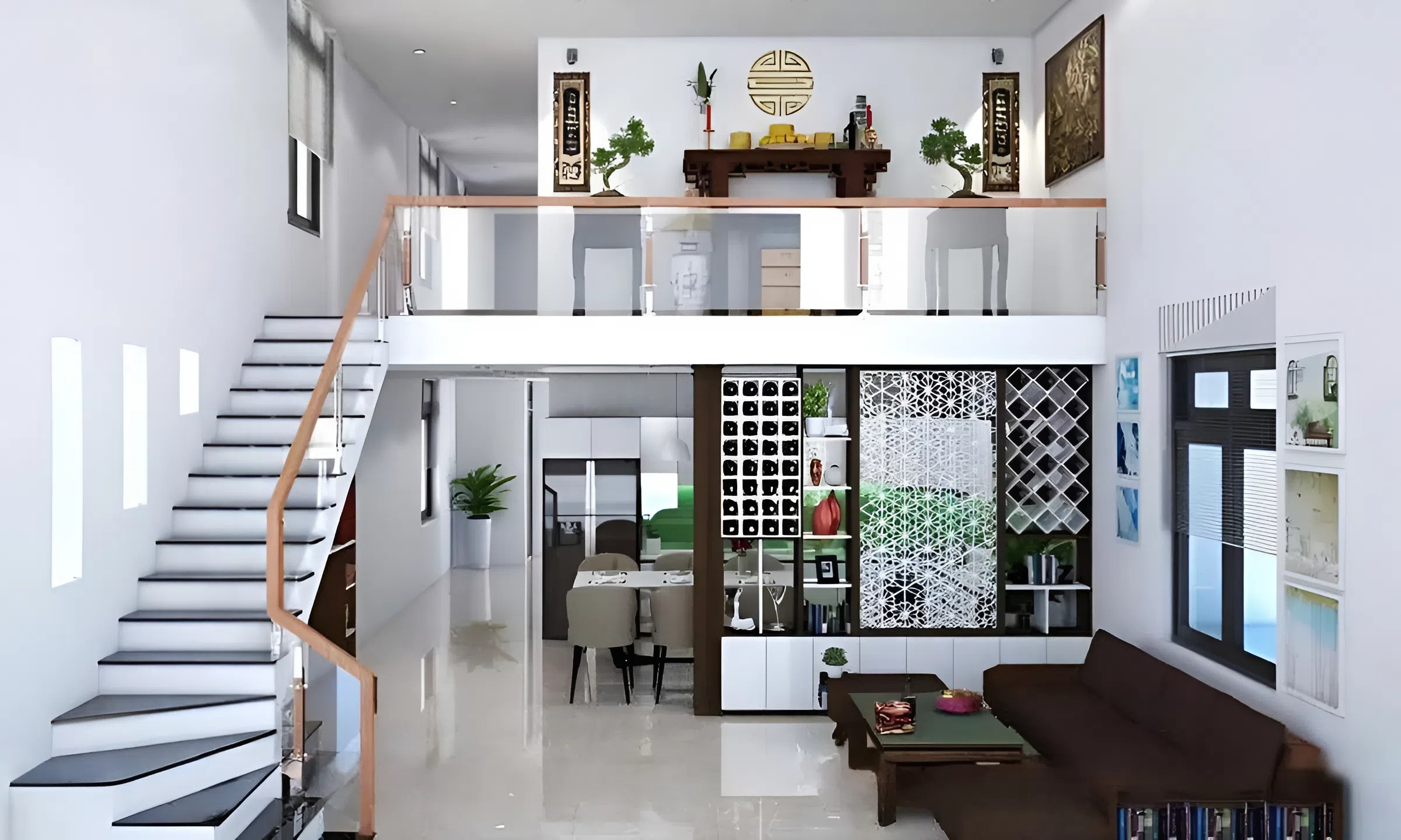 Nhà ống 2 tầng có gác lửng với phòng sinh hoạt chung ấm cúng (ảnh: sưu tầm)