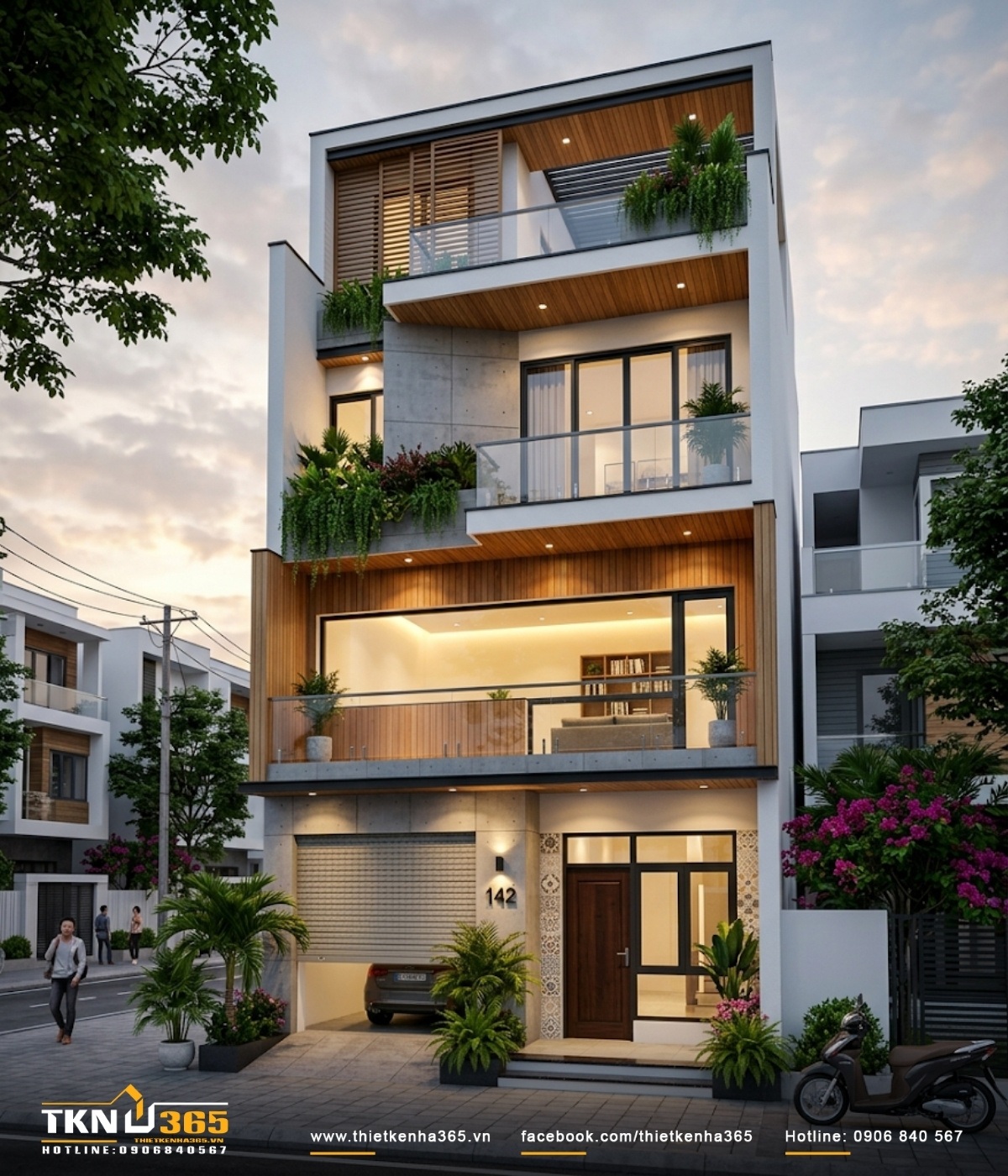Nhà ống tầng lửng 4 tầng có gara ô tô 
