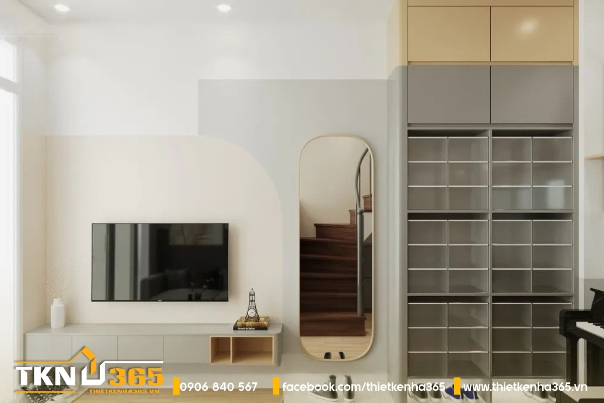 Thiết kế nhà nhỏ đẹp 16m2 sử dụng kệ nhiều tầng để tạo nhiều không gian đựng đồ