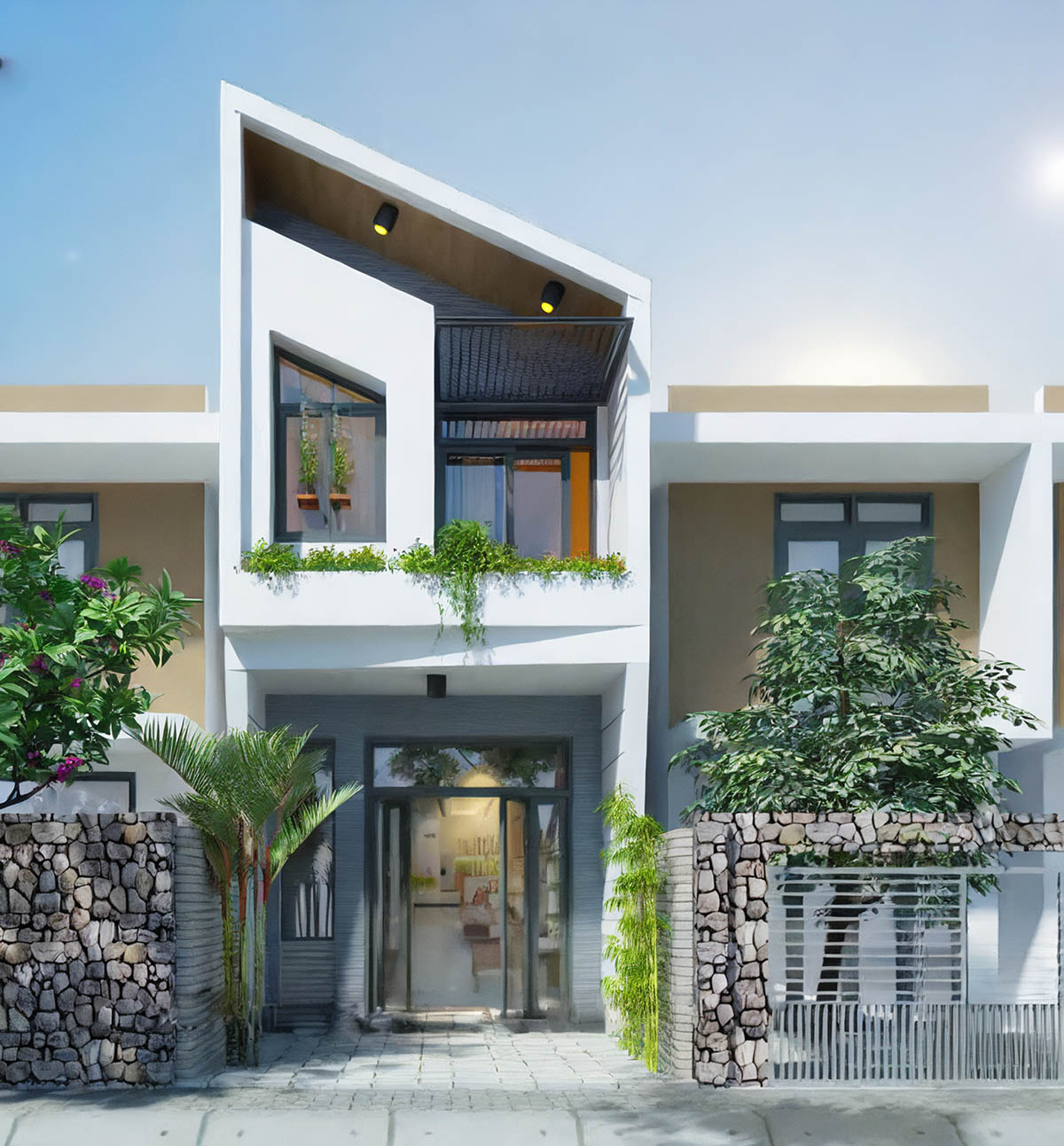 Mẫu thiết kế nhà 2 tầng 60m2 mái chéo thu hút. 