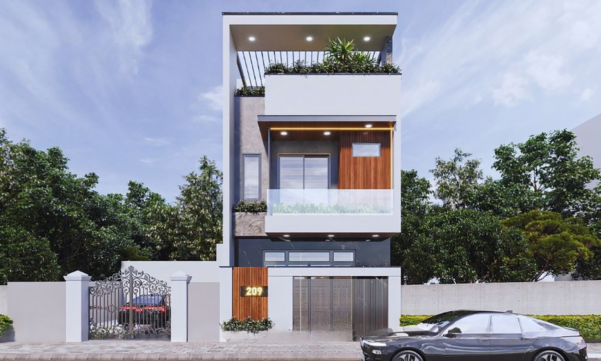 Mẫu thiết kế nhà ngang 6m dài 15m đẹp - xu hướng 2026 14 Nhà 3 tầng 6x15m có gara ô tô và khoảng sân bên cạnh nhà rộng rãi.