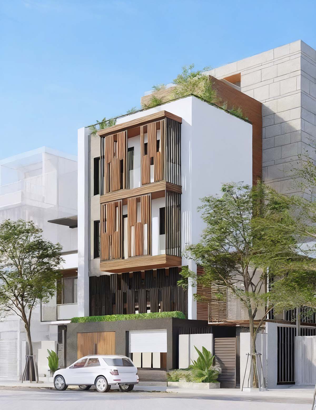Mẫu thiết kế nhà ngang 6m dài 15m đẹp - xu hướng 2026 17 Mẫu nhà ngang 6m dài 15m nằm ở trục đường lớn với mặt tiền bằng gỗ độc đáo, ấn tượng.