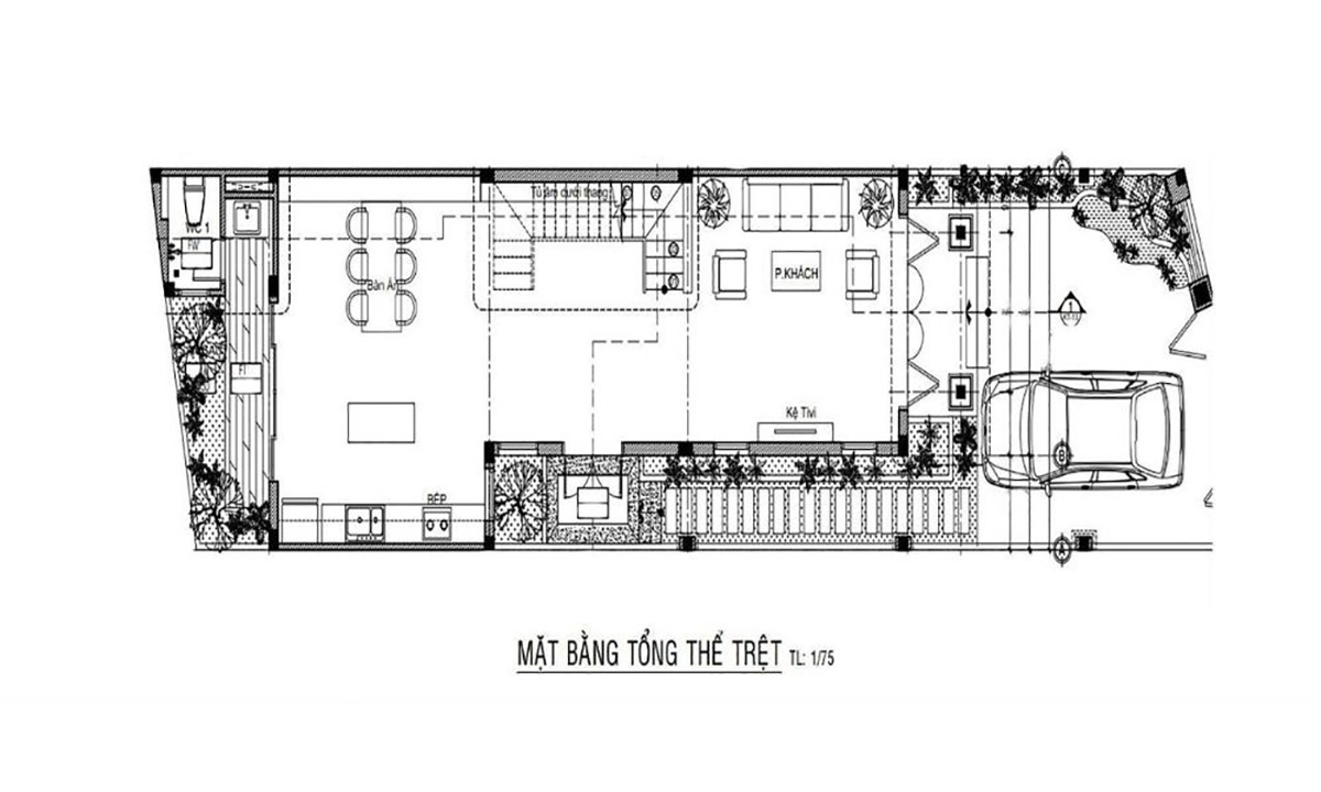 Mẫu thiết kế nhà ngang 6m dài 15m đẹp - xu hướng 2026 3 Mặt bằng công năng tầng trệt của thiết kế nhà ngang 6m dài 15m.