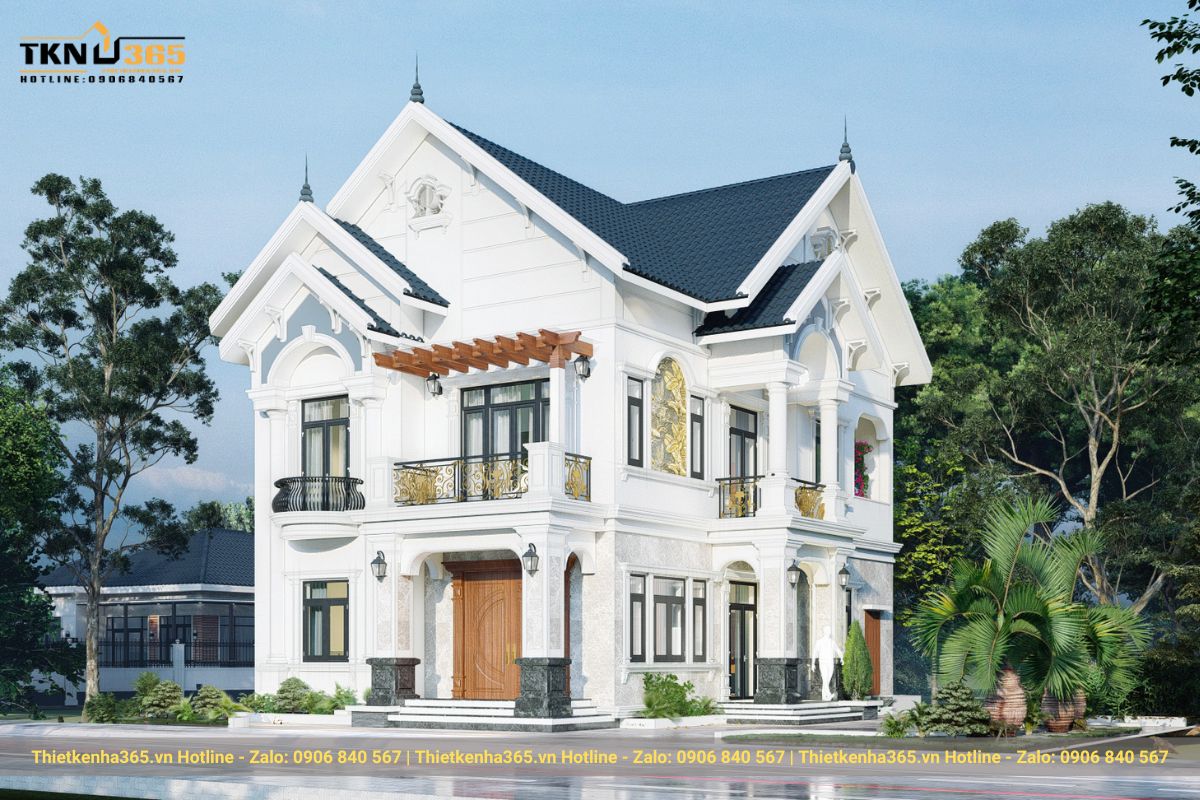 Thiết kế biệt thự mái Thái xanh nổi bật hơn khi điểm xuyết tông vàng trên ban công,...