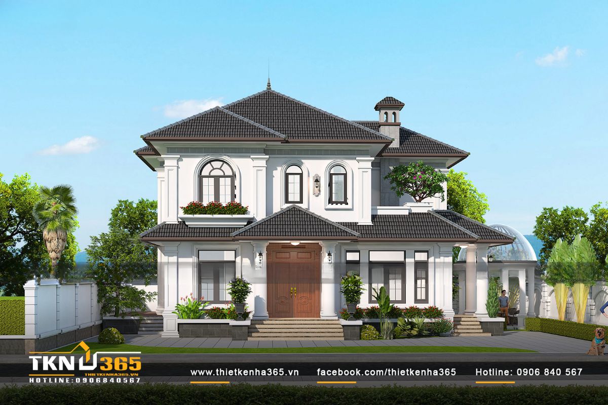99+ thiết kế biệt thự 2 tầng mái ngói đẹp ấn tượng 2025 4 Thiết kế biệt thự 2 tầng mái ngói theo phong cách cổ điển