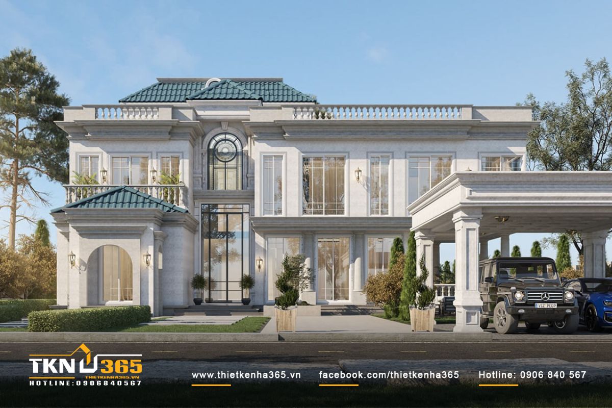 40+ mẫu thiết kế biệt thự 400m2 đẹp, siêu cuốn hút 50 Thiết kế biệt thự 400m2 tông màu trắng mái xanh